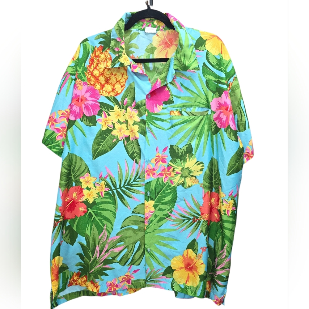 King Kameha Aloha Shirt XXL Blue Pineapple Hibiscus Tropical Island Beach Floral